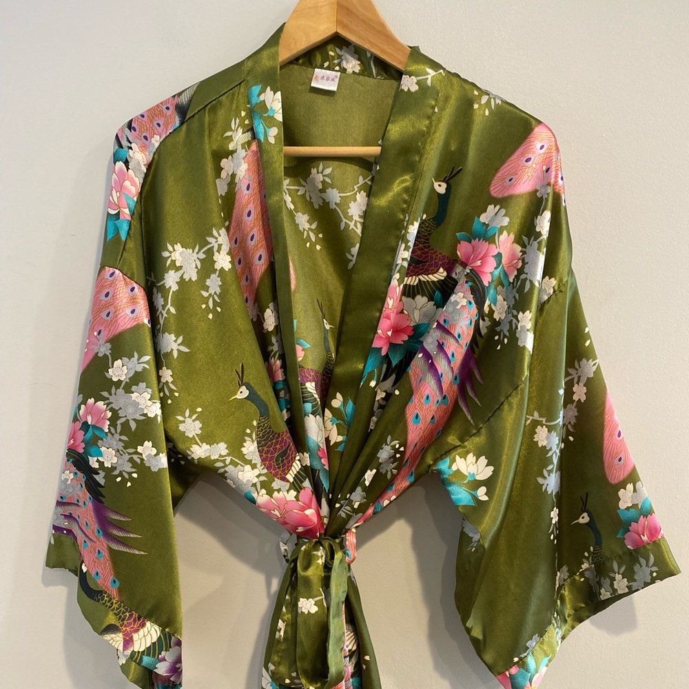Peacock Print Silky Kimono Robe Bathrobe Green